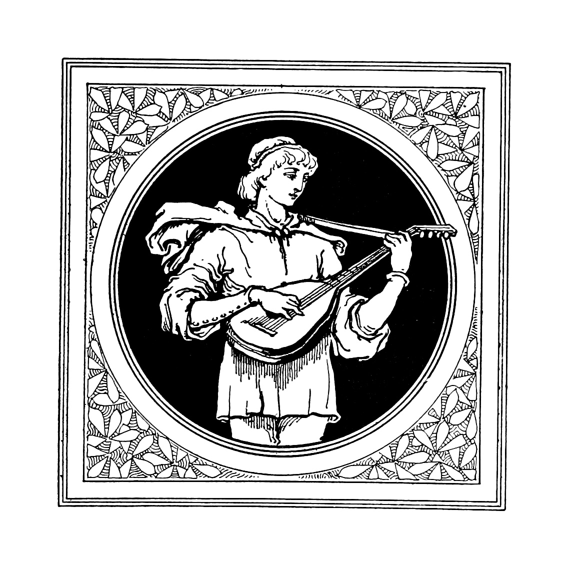 Black and white 19th century illustration of a lute player